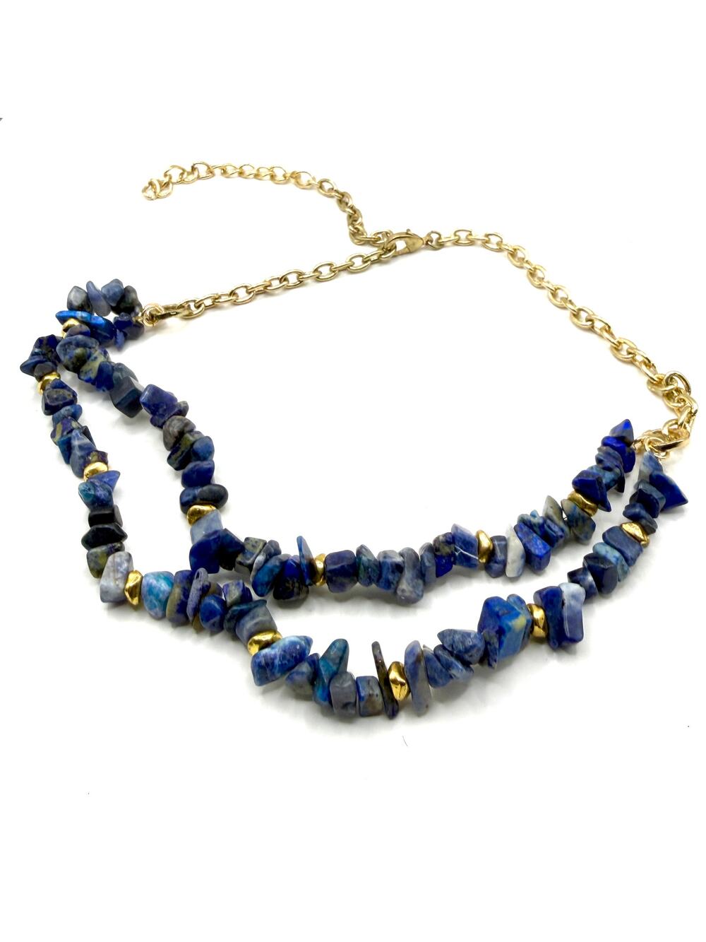 Vintage 90s Blue Sodalite Lapis Stone Chip Layered Double Strand Chain Necklace